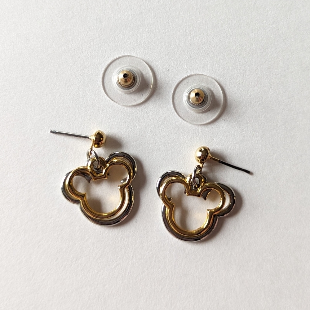 Disney Mickey Mouse Shaped Earrings - Gold and Silver Tone Mouse Ears - Pierced